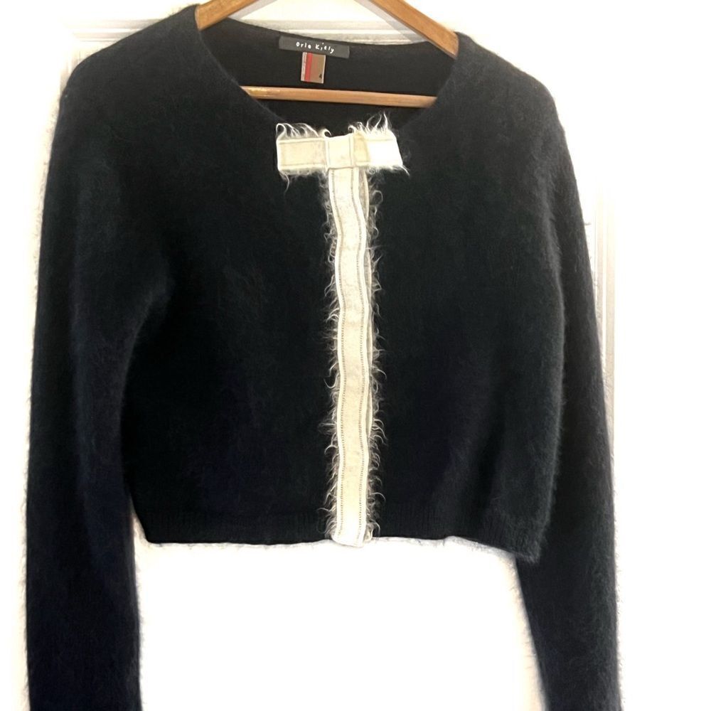 Orla Kiely Angora Crop Bow tie Snap front Cardigan Black sweater Sz 4
